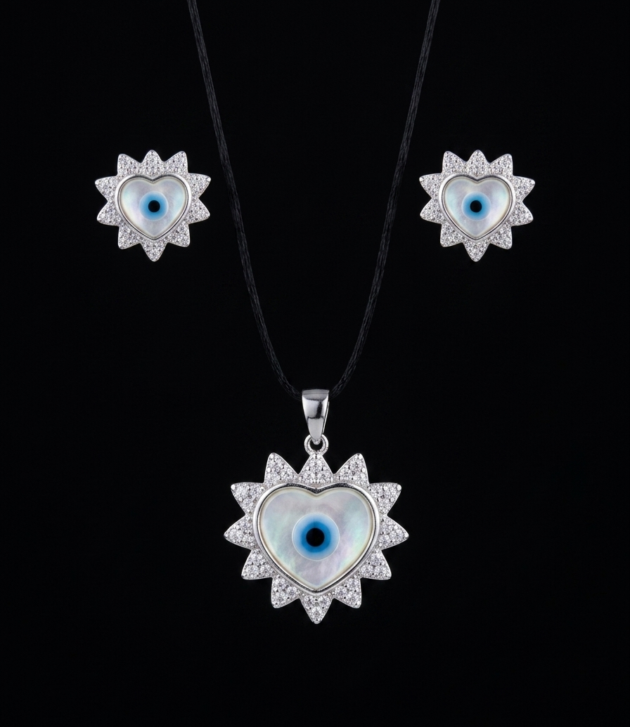 "Celestial Heart" Mother of Pearl Evil Eye Sterling Silver Jewelry Set