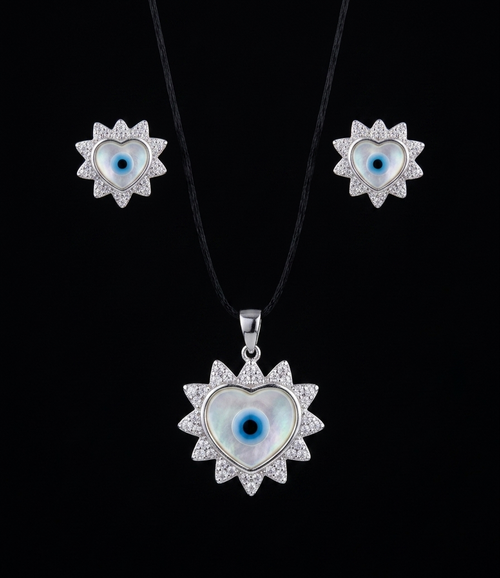 "Celestial Heart" Mother of Pearl Evil Eye Sterling Silver Jewelry Set