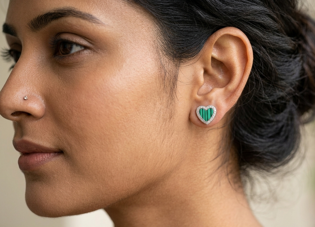 Malachite Gemstone Heart Studs