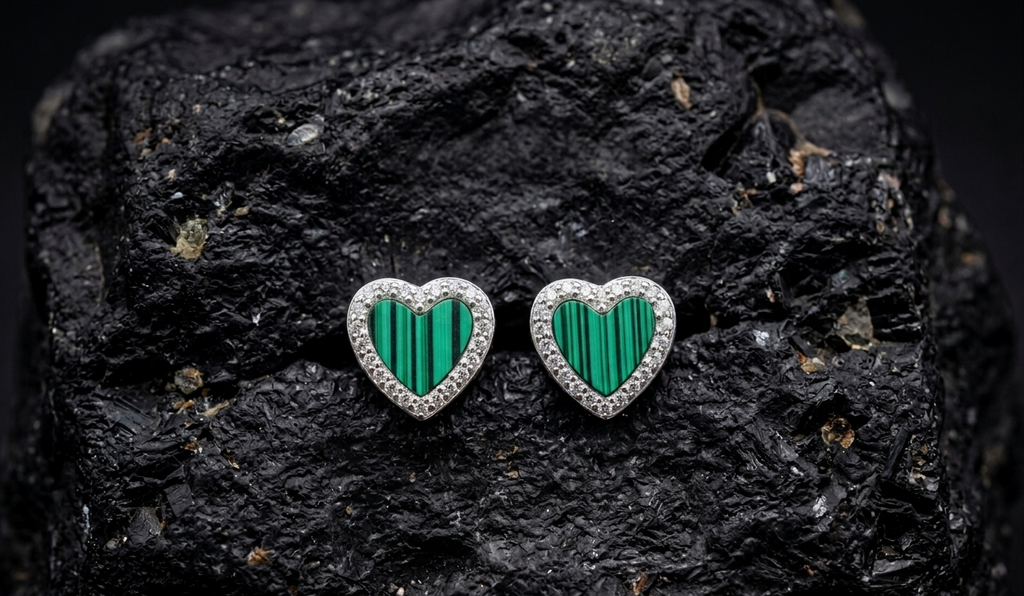Malachite Gemstone Heart Studs