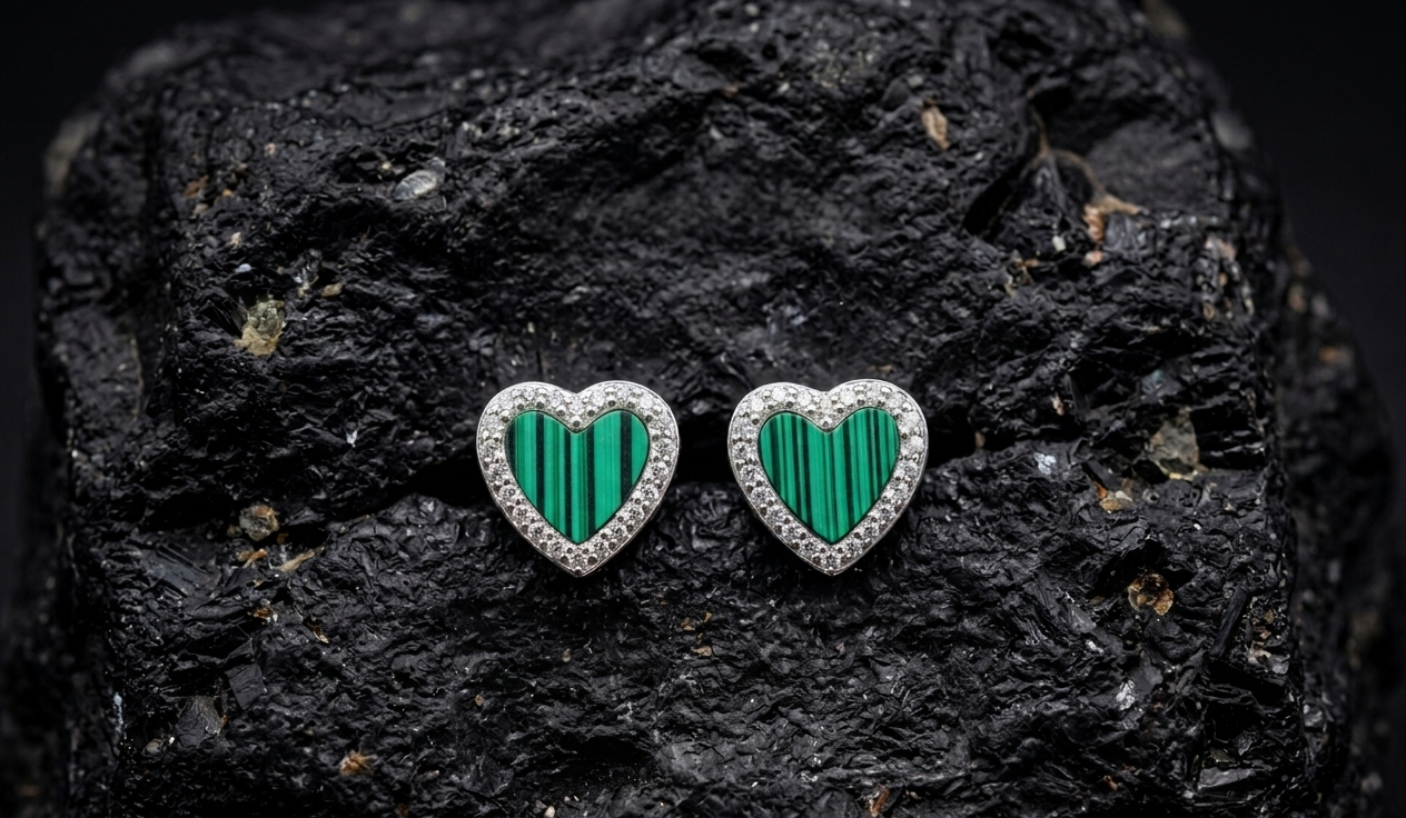 Malachite Gemstone Heart Studs