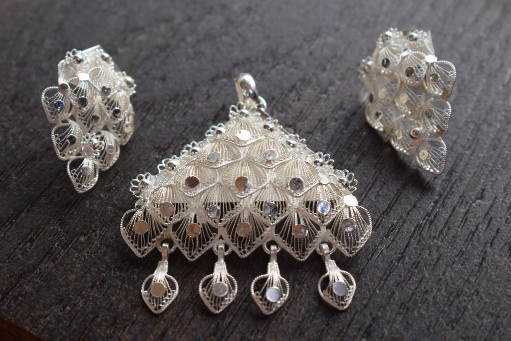 Silver Filigree Peacock Pendant Set