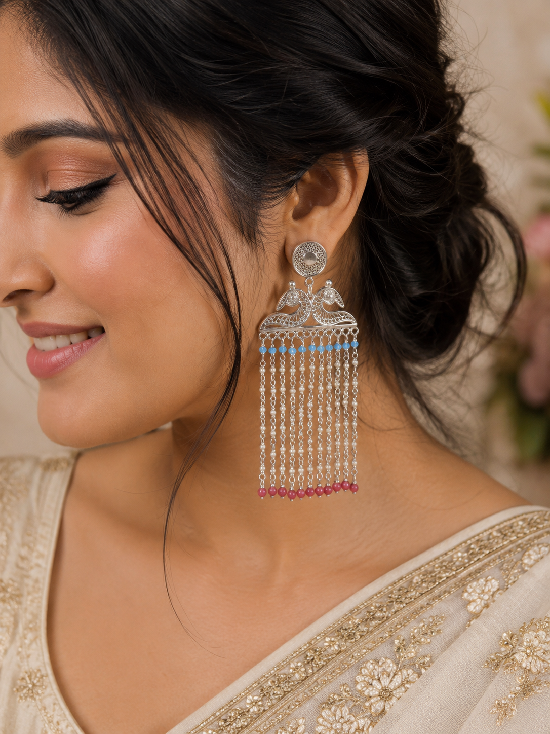 925 Silver Peacock Filigree Pearl & Beaded Dangling Earrings - front view
