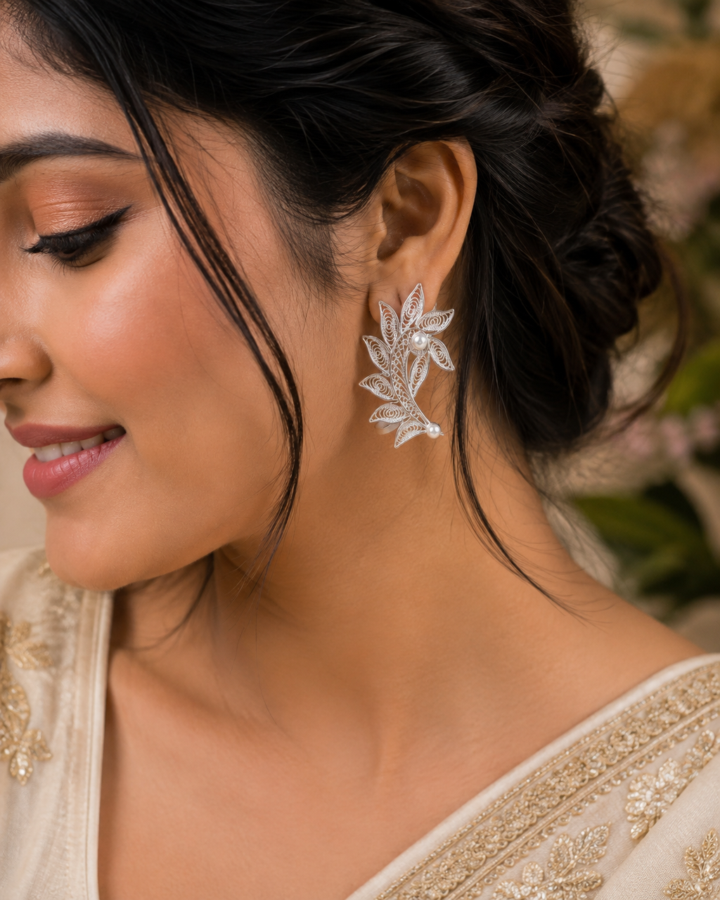 925 Silver Filigree Leaf Vine Earrings - front view
