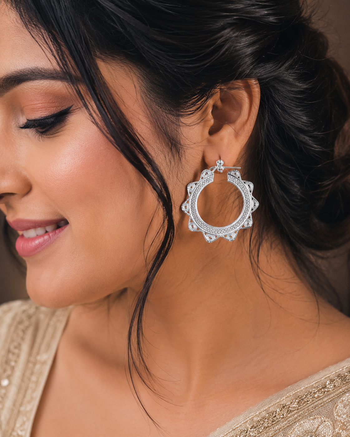 925 Silver Filigree Sunburst Hoop Earrings - front view