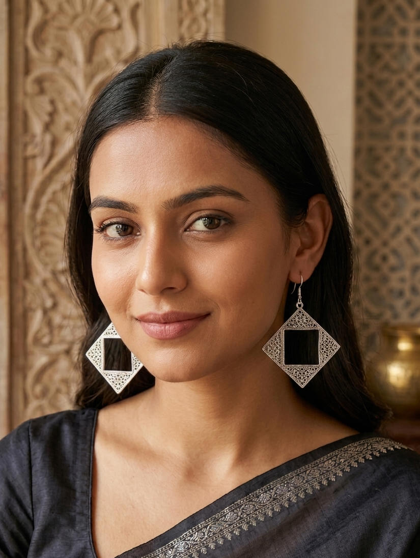 925 Sterling Silver Filigree Geometric Drop Earrings