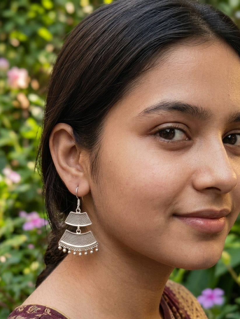 Aadhira Tiered Silver Filigree Jhumka Earrings.