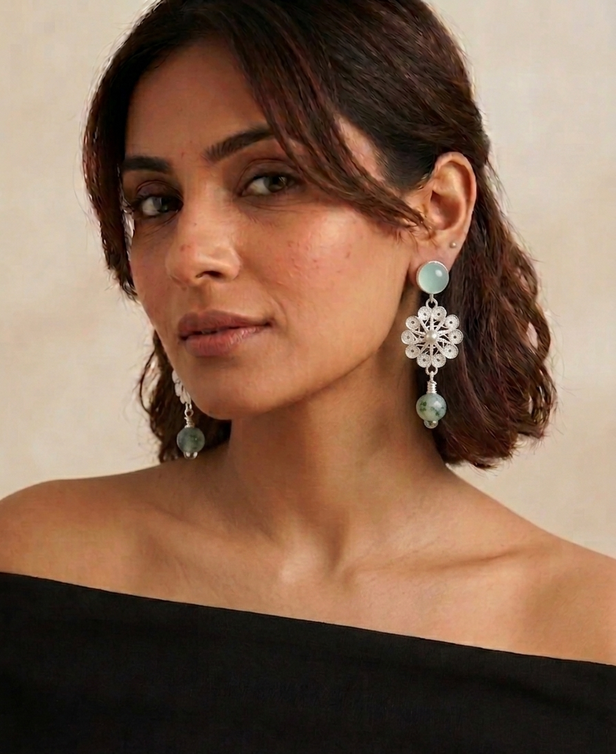 The Artisan/Boho Vibe: Mint Aventurine Filigree Rosette Earrings