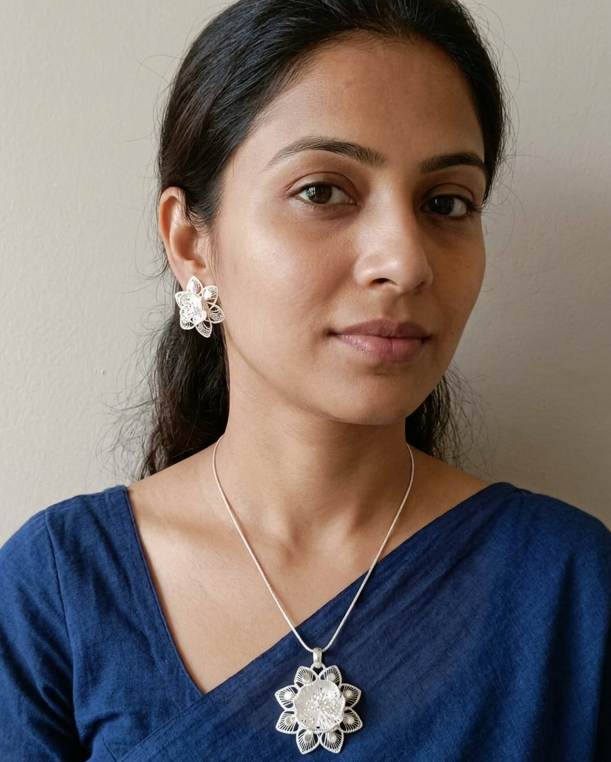 Handcrafted Silver Filigree Floral Pendant and Earrings Set