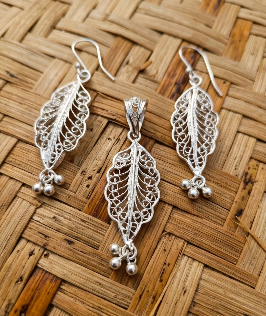 Handcrafted Silver Filigree Leaf Pendant and Earrings Set