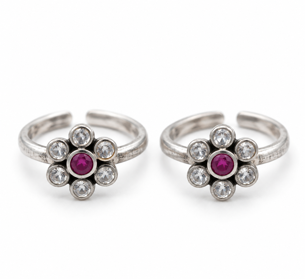 Silver Floral Ruby Stone Toe Ring