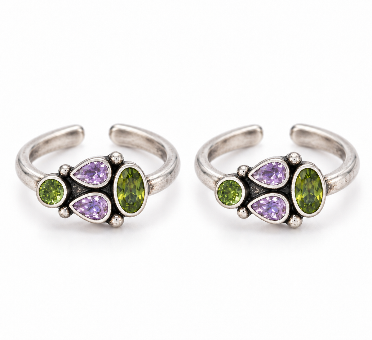Oxidized Silver Green & Lavender Stone Toe Ring