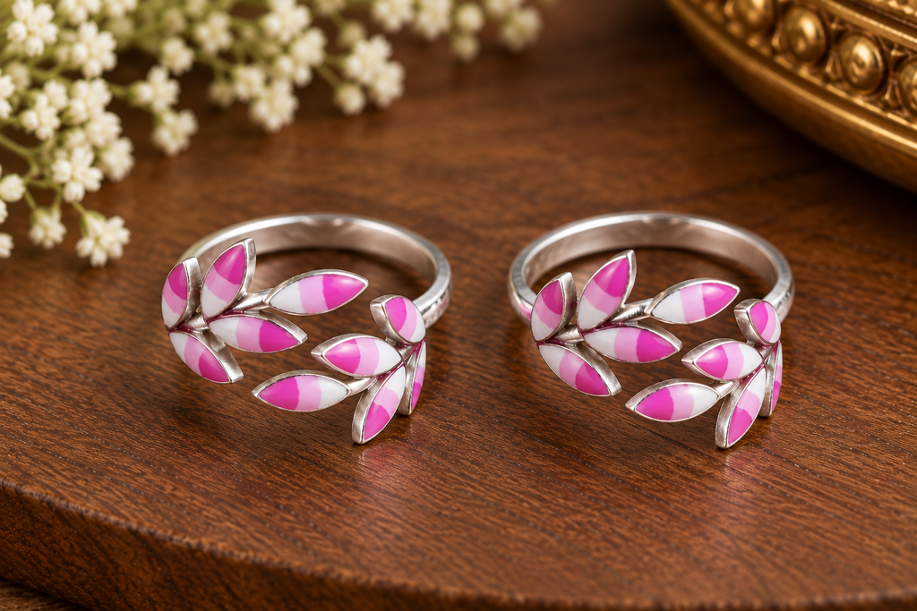 Pink Leaf Vine Silver Toe Ring