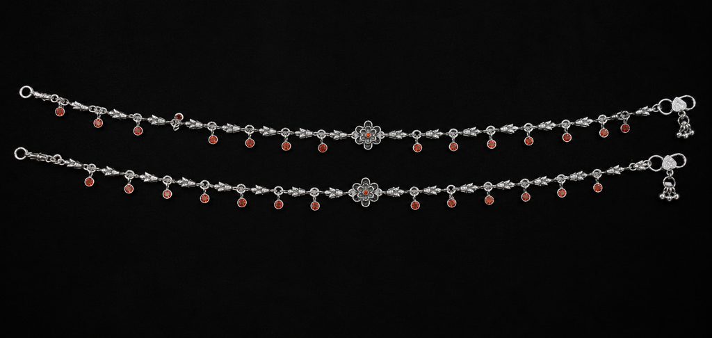 925 Sterling Silver Ruby Floral Charm Anklet for Women - detail of the filigree wirework