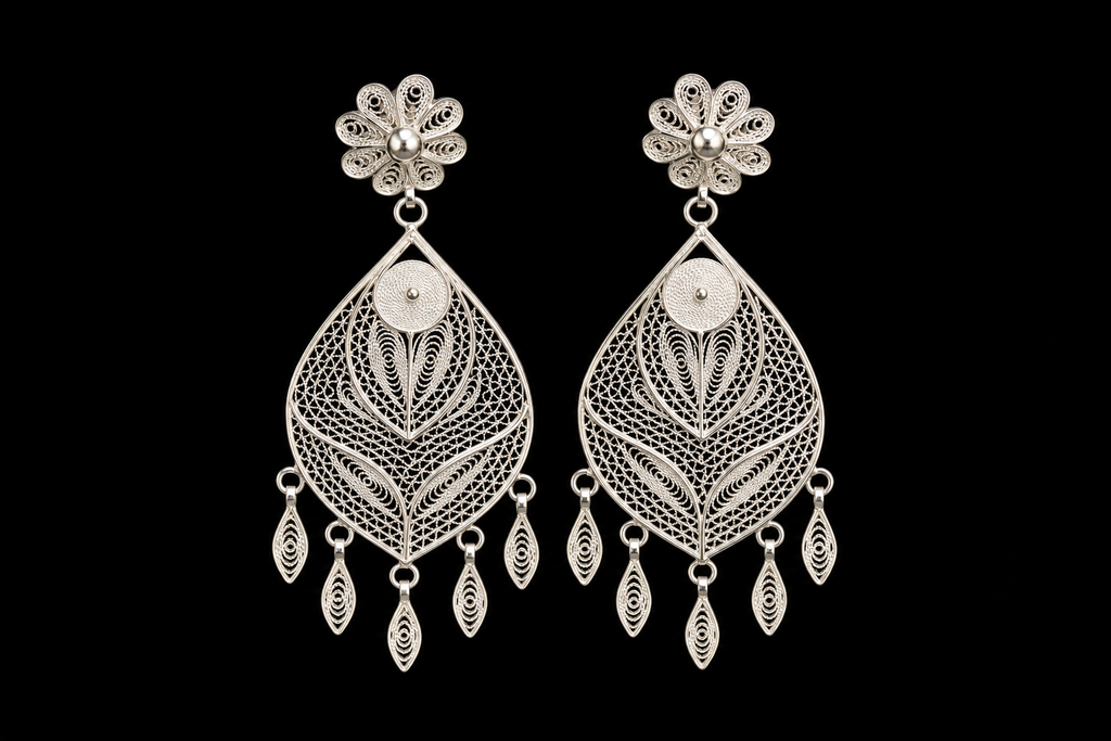 Silver Filigree Leaf Cascade Earrings