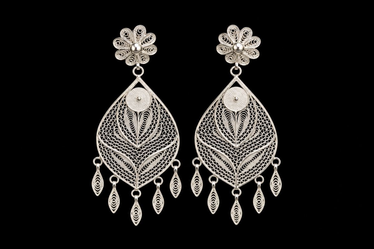 Silver Filigree Leaf Cascade Earrings