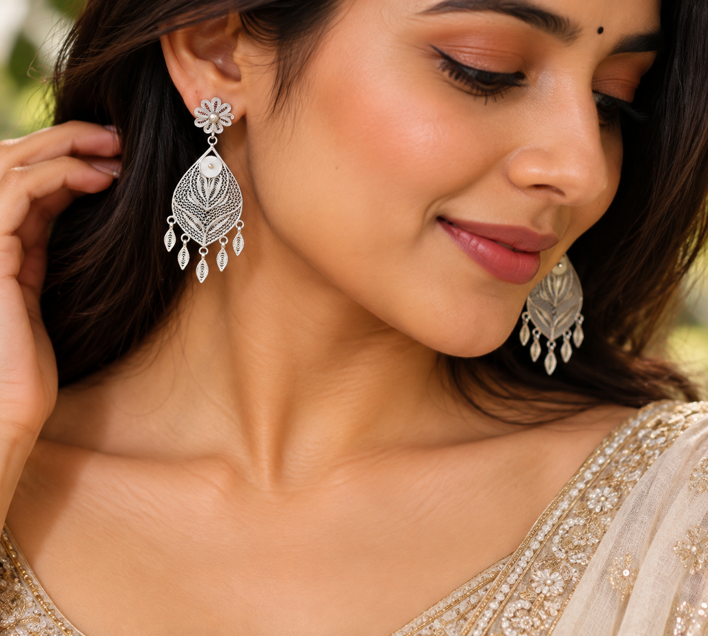 Silver Filigree Leaf Cascade Earrings