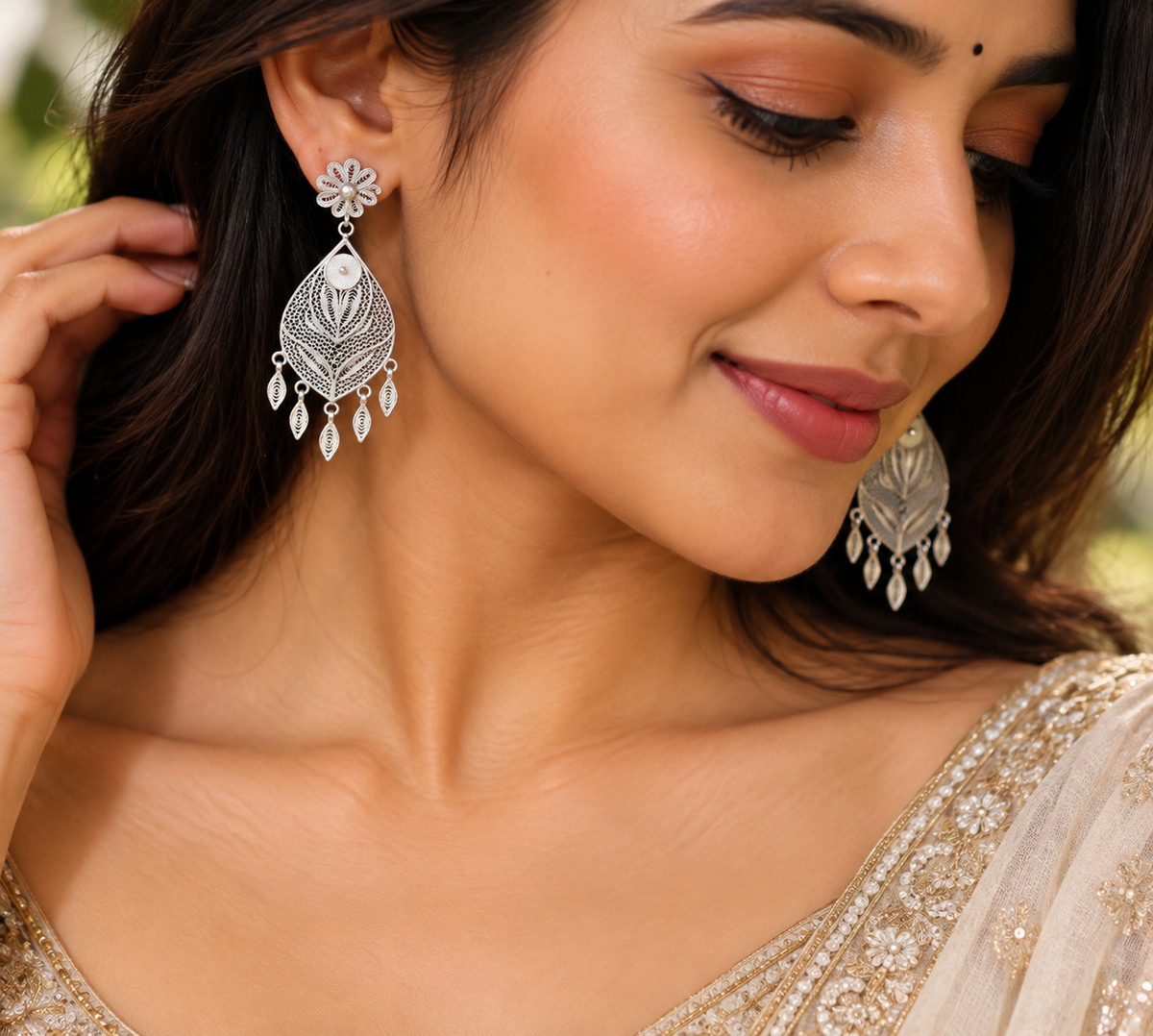 Silver Filigree Leaf Cascade Earrings