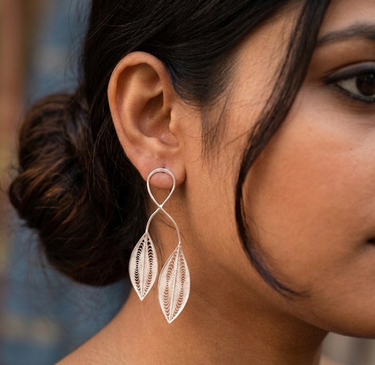 The Silver Filigree Twin-Leaf Drop Earrings