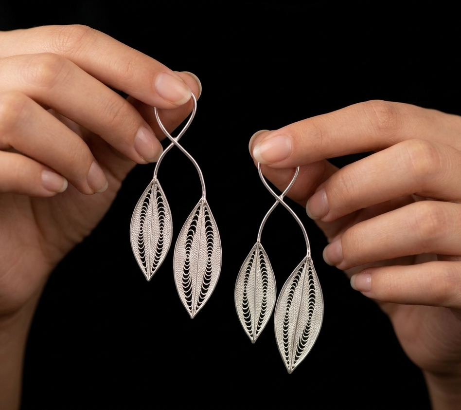 The Silver Filigree Twin-Leaf Drop Earrings