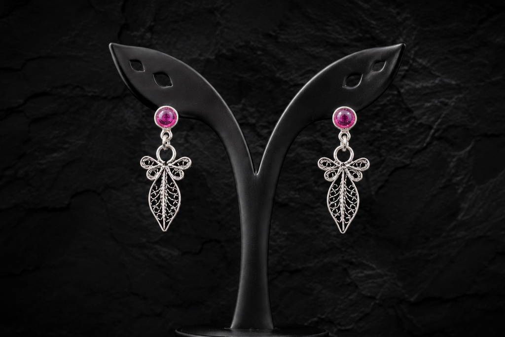 925 Sterling Silver Filigree Leaf Drop Earrings with Ruby Pink Stone