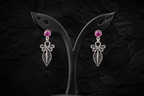 925 Sterling Silver Filigree Leaf Drop Earrings with Ruby Pink Stone