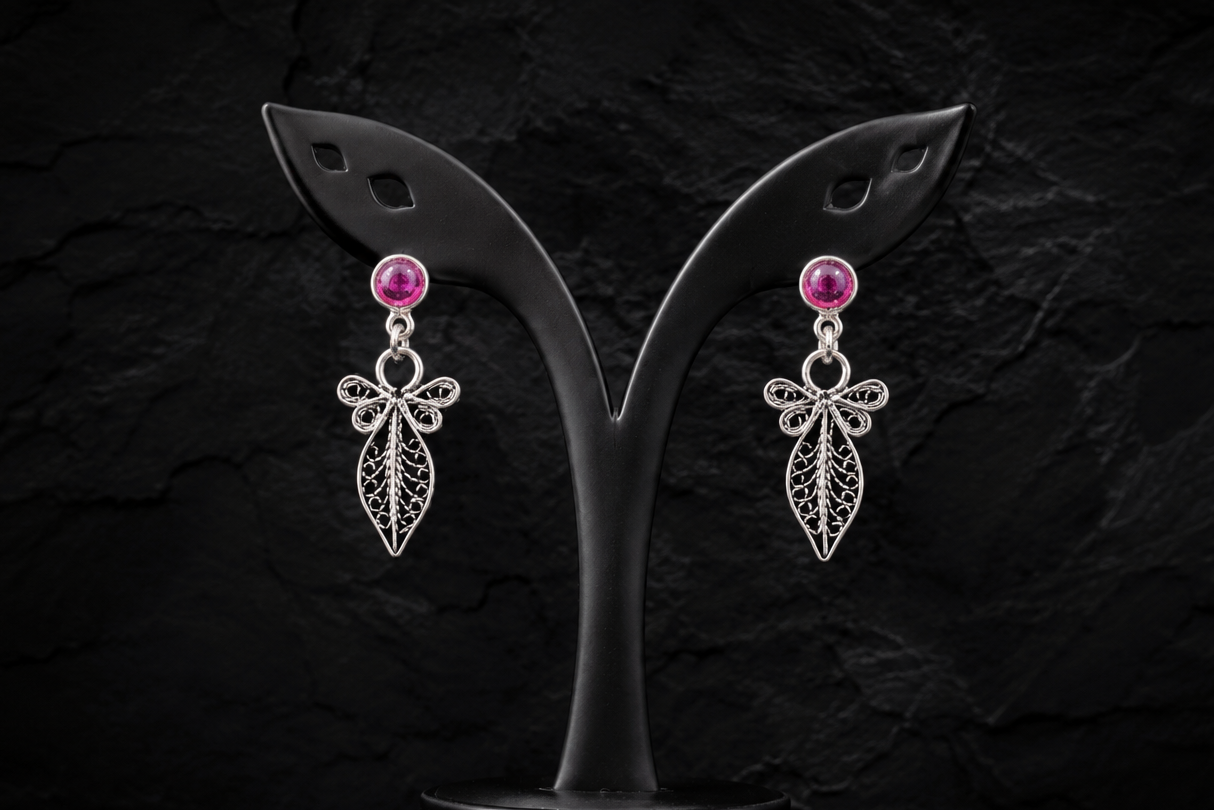 925 Sterling Silver Filigree Leaf Drop Earrings with Ruby Pink Stone