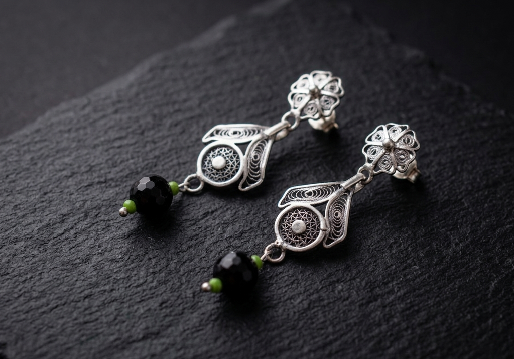 Silver Filigree Earrings with Onyx and Lime Accent Beads
