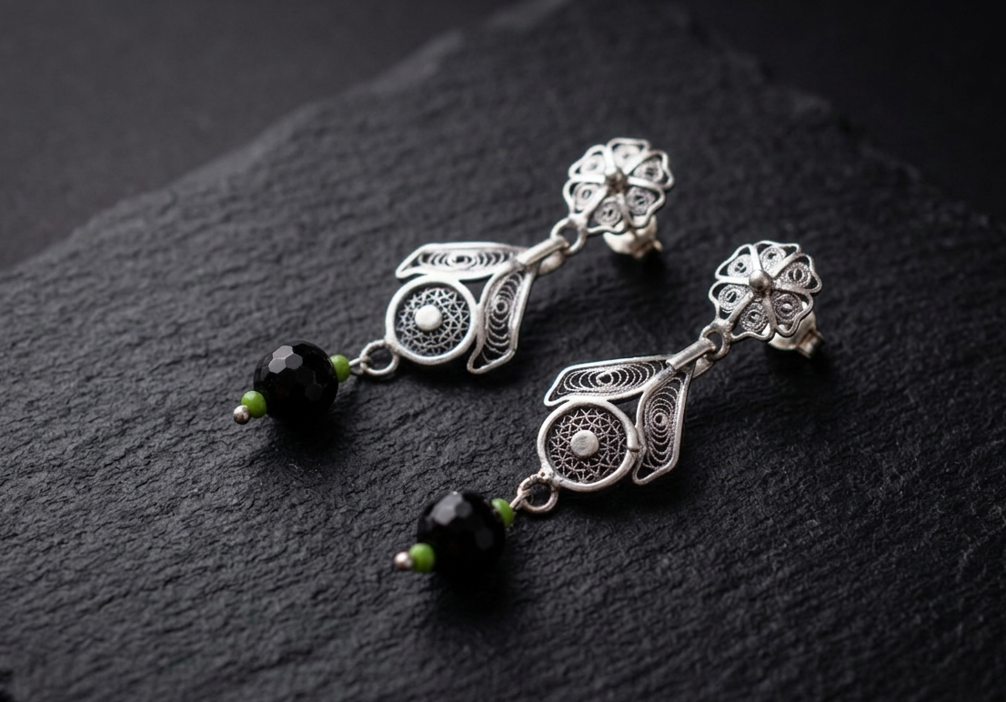 Silver Filigree Earrings with Onyx and Lime Accent Beads