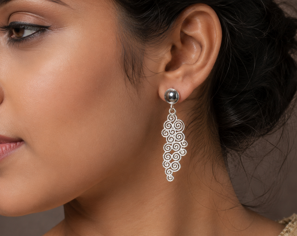 925 Sterling Silver Filigree Spiral Drop Earrings with Black Onyx