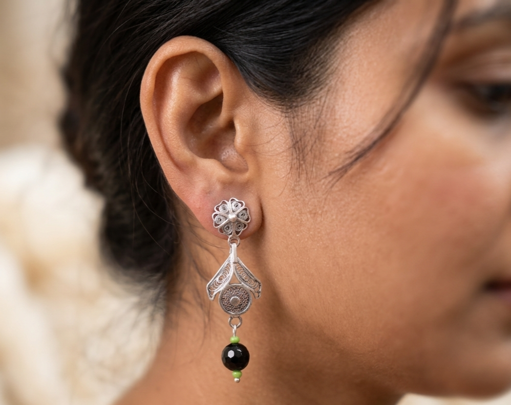 Silver Filigree Earrings with Onyx and Lime Accent Beads