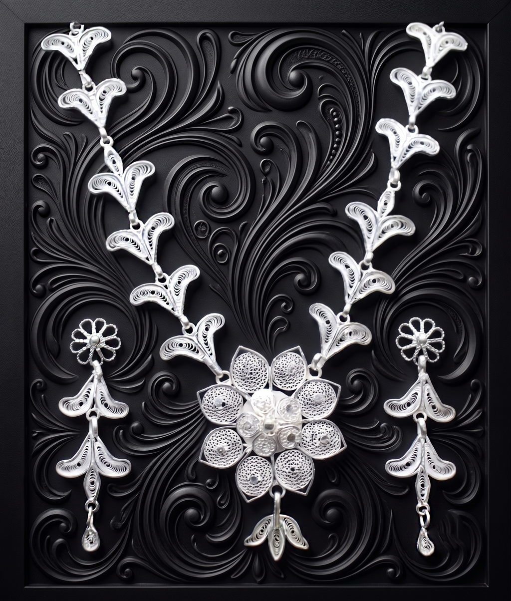 Lotus Vine Silver Filigree Necklace Set - detail of the filigree wirework
