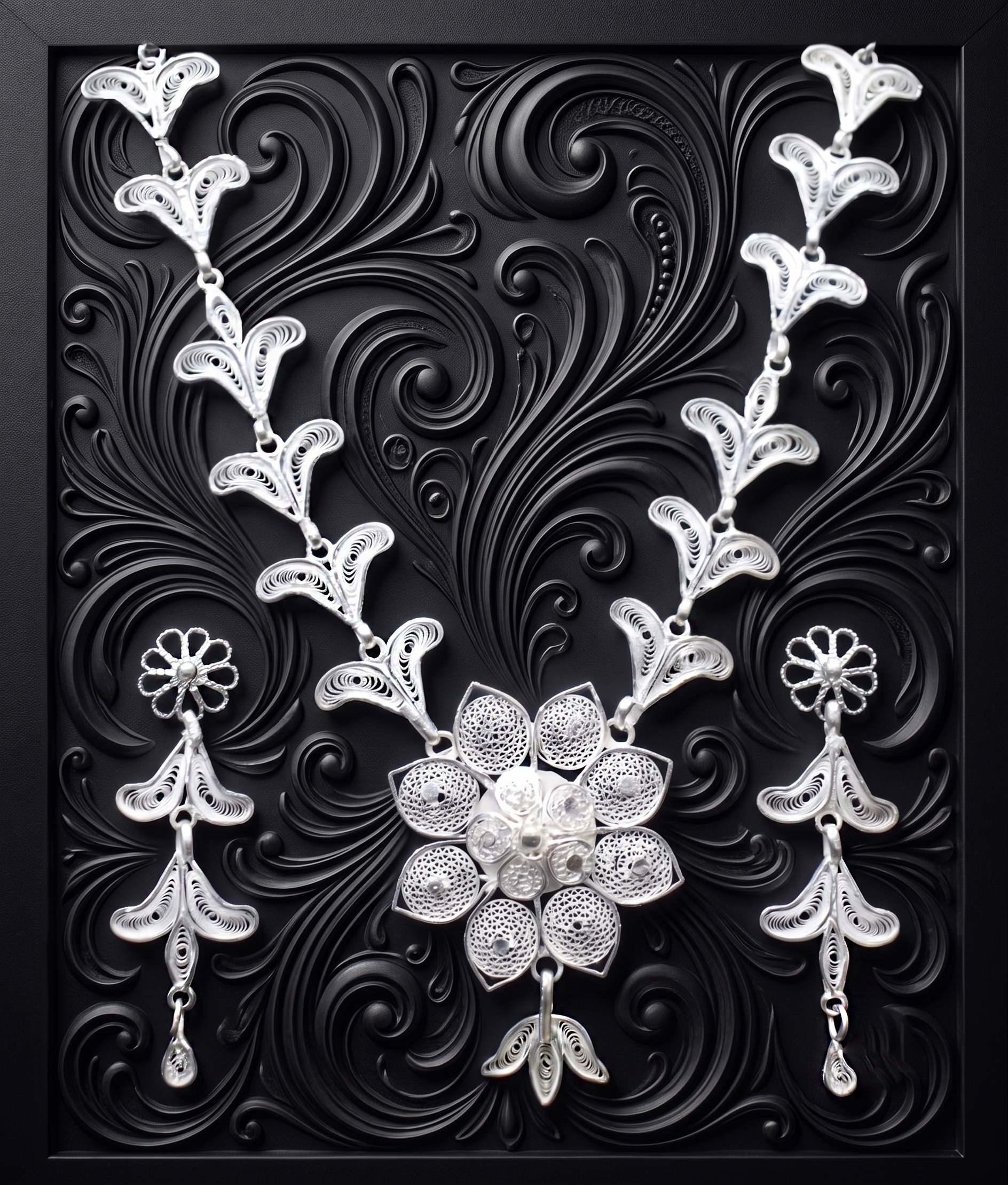 Lotus Vine Silver Filigree Necklace Set - detail of the filigree wirework