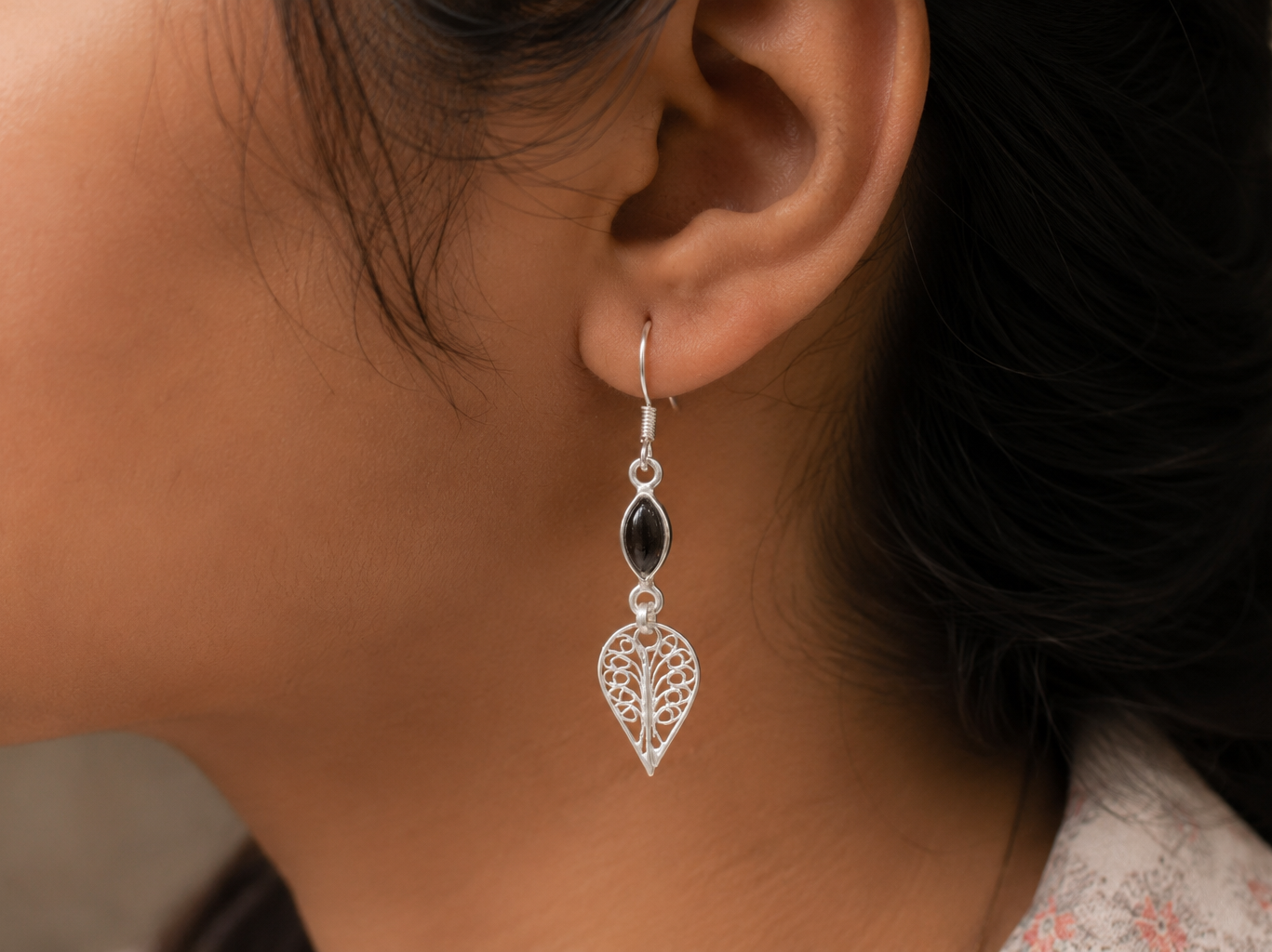 925 Sterling Silver Filigree Leaf Drop Earrings with Smoky Quartz