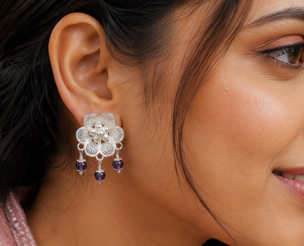 925 Sterling Silver Filigree Floral Stud Earrings with Amethyst Bead Drops