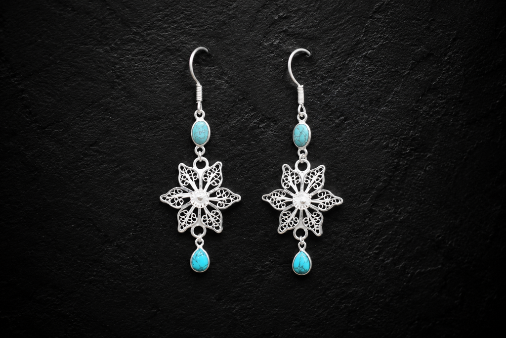 925 Sterling Silver Filigree Floral Drop Earrings with Turquoise Stones
