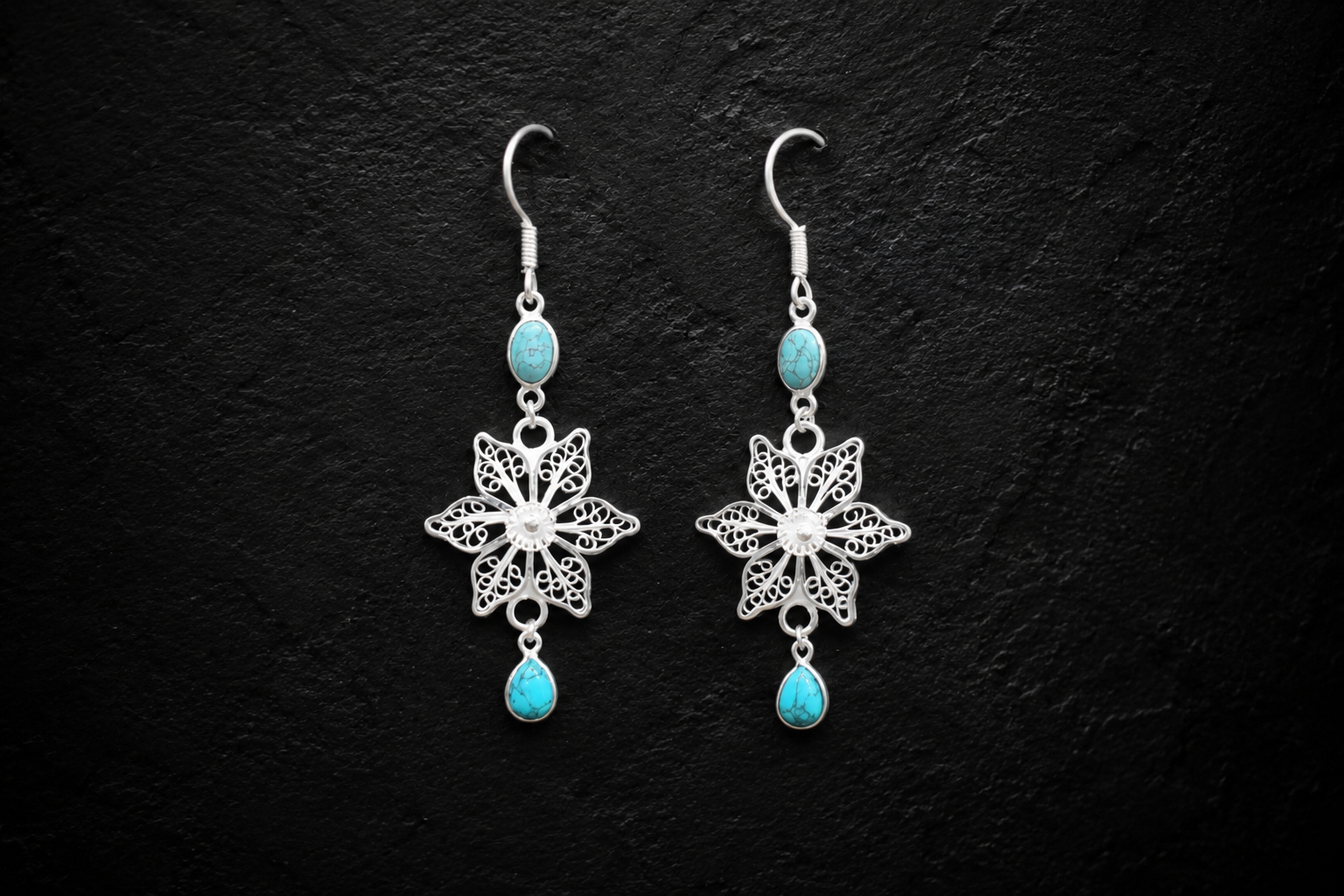925 Sterling Silver Filigree Floral Drop Earrings with Turquoise Stones