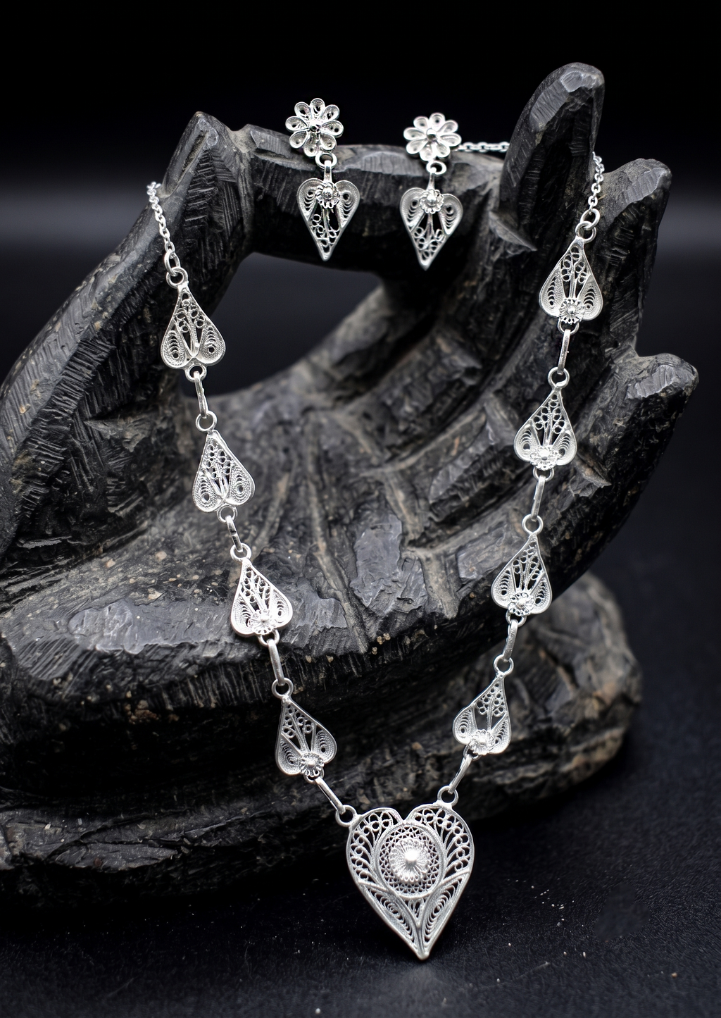 Handcrafted Silver Filigree Heart Necklace & Earring Set - detail of the filigree wirework