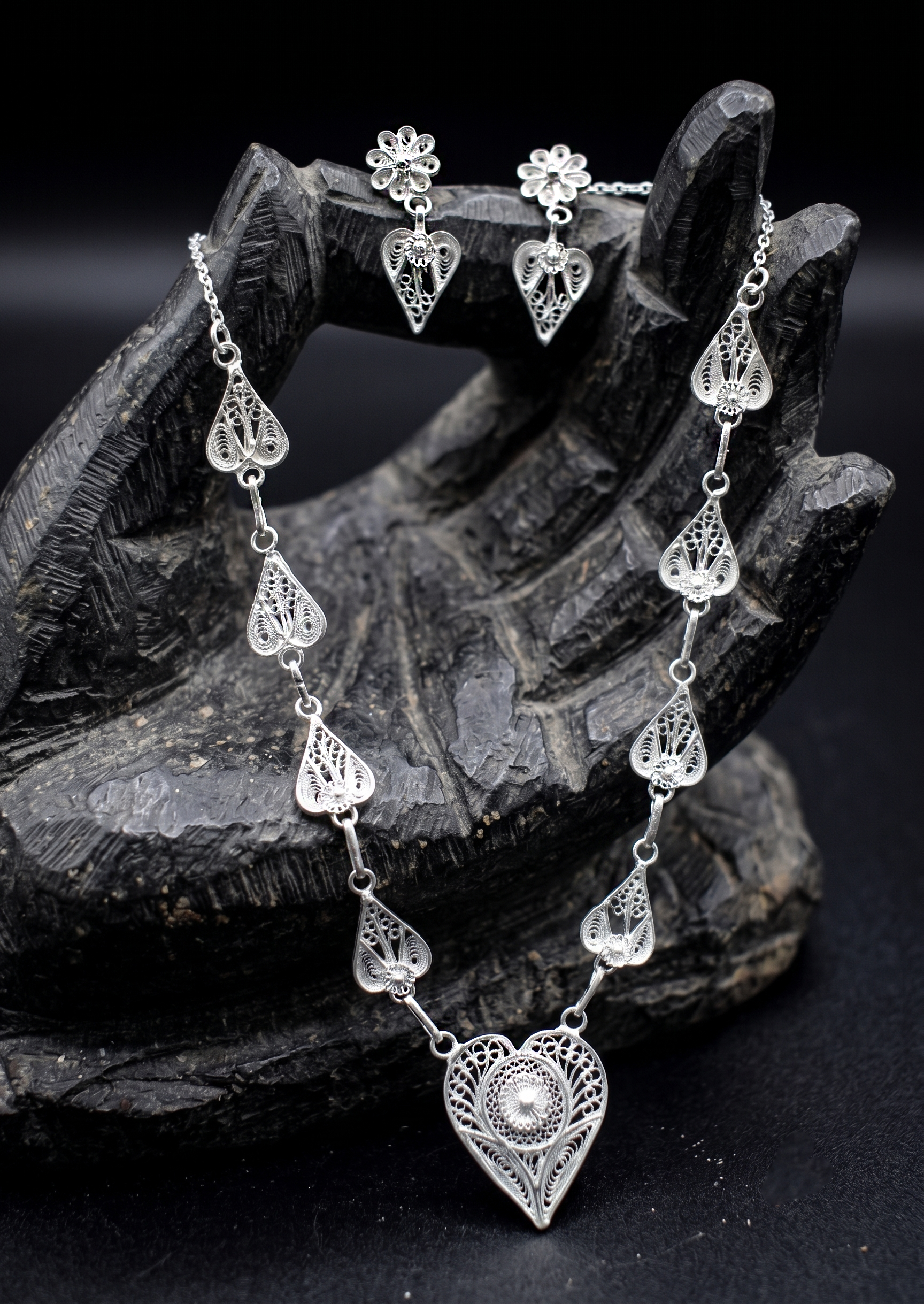 Handcrafted Silver Filigree Heart Necklace & Earring Set - detail of the filigree wirework