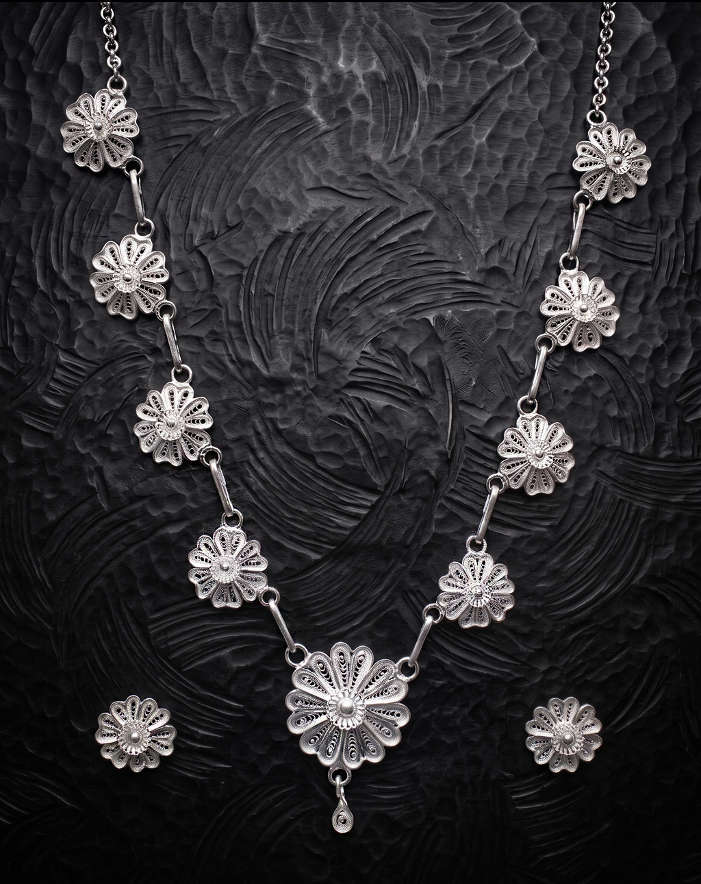 Handcrafted Silver Filigree Floral Necklace & Earring Set - detail of the filigree wirework