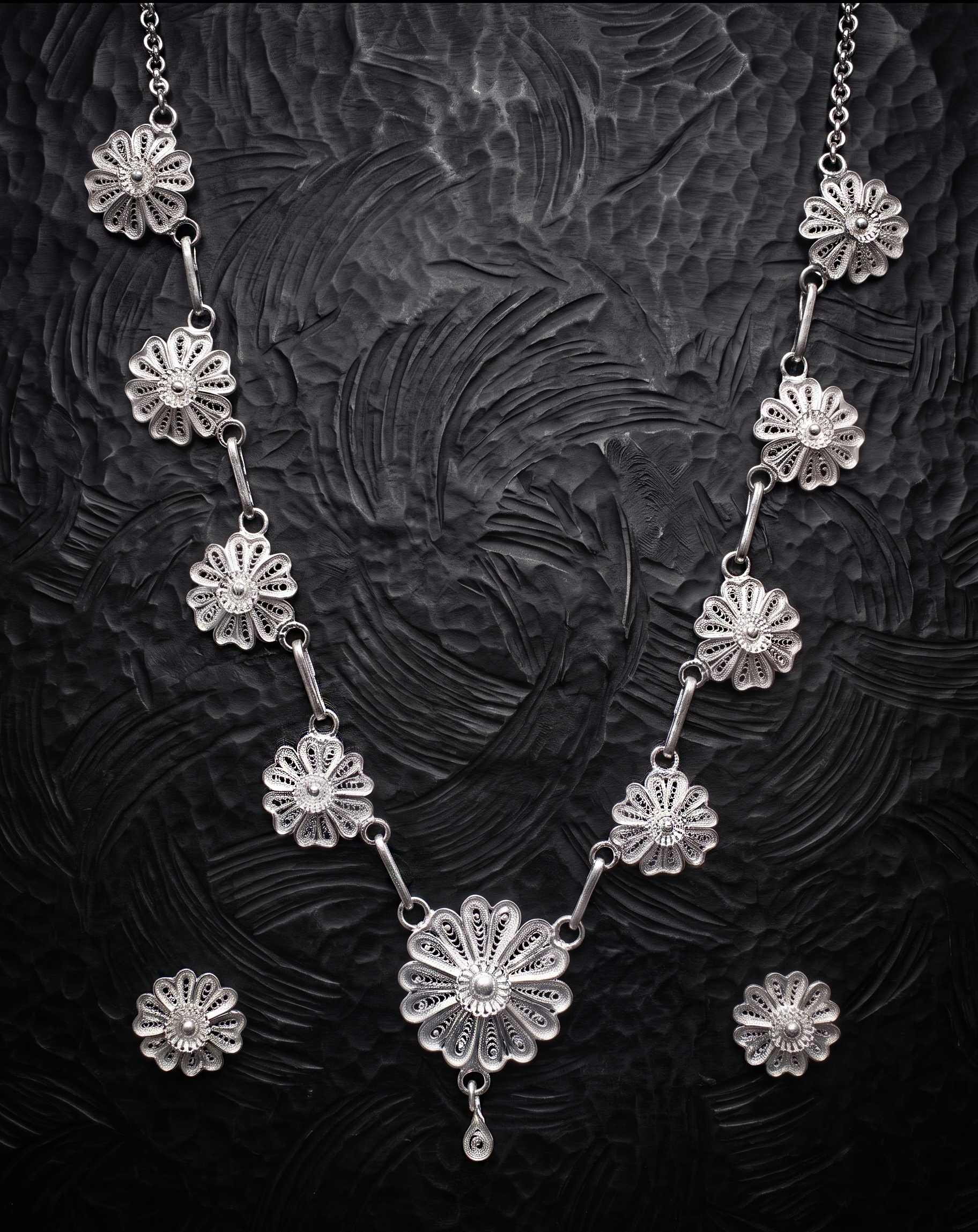 Handcrafted Silver Filigree Floral Necklace & Earring Set - detail of the filigree wirework