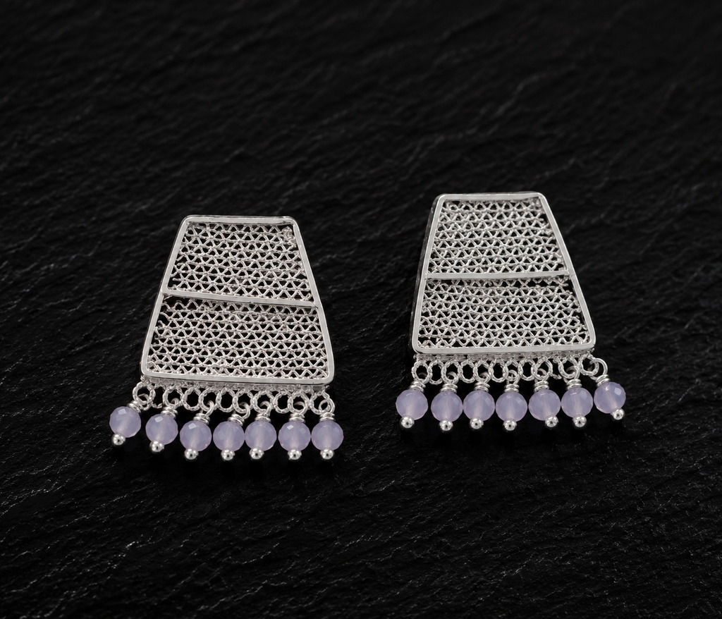 Silver Filigree Lavender Fringe Stud Earrings
