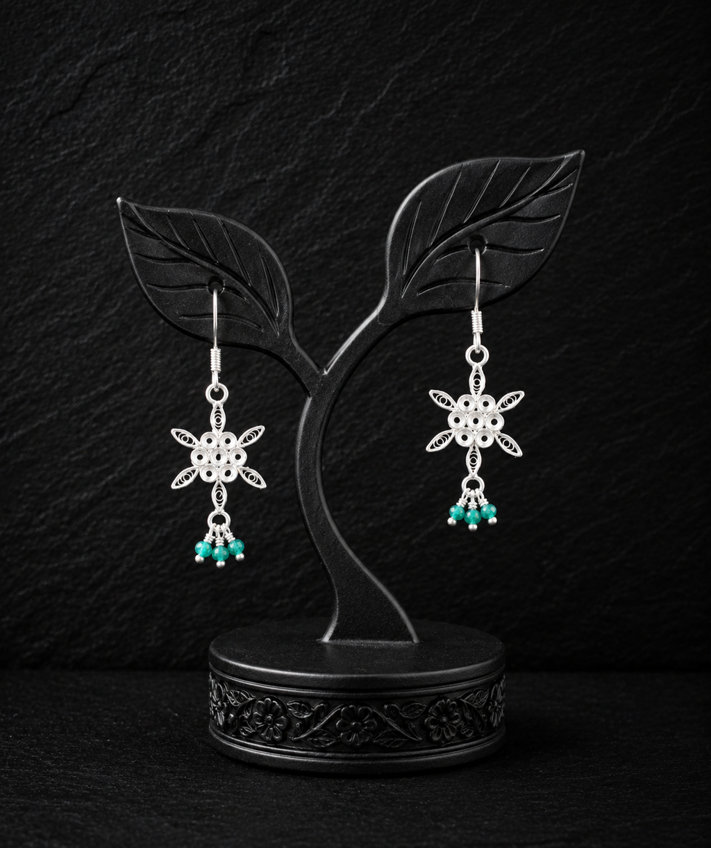 925 Silver Filigree Floral Drop Earrings with Emerald Green Beads