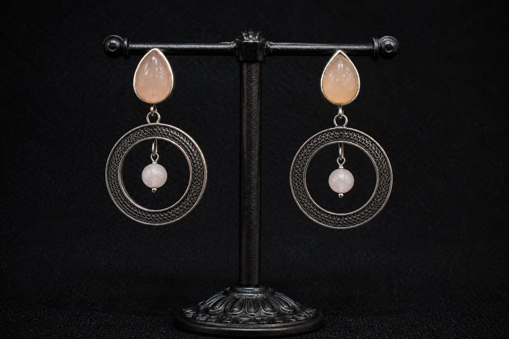 Blush Stone Oxidized Silver Circle Drop Earrings