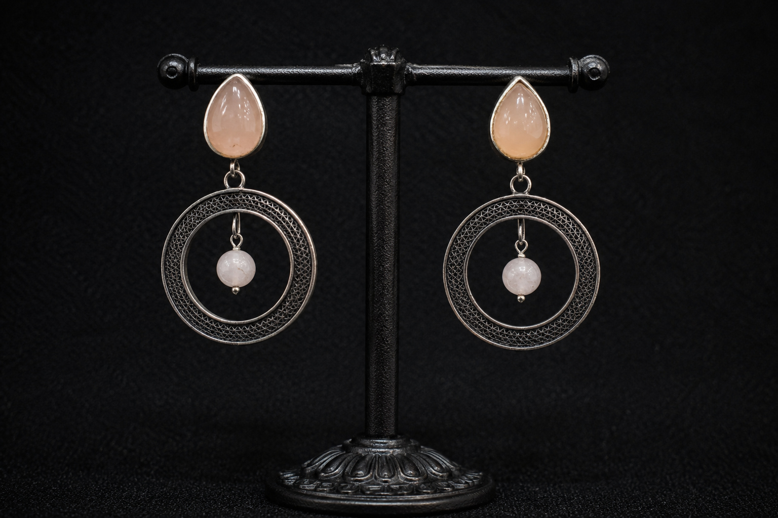 Blush Stone Oxidized Silver Circle Drop Earrings