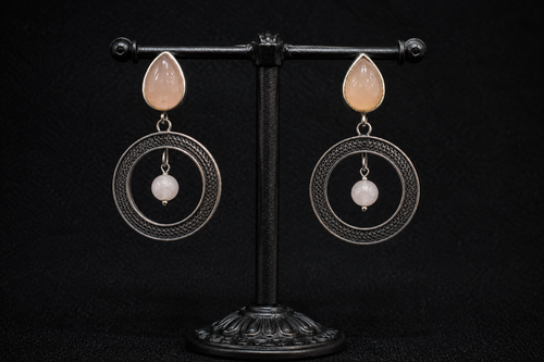 Blush Stone Oxidized Silver Circle Drop Earrings