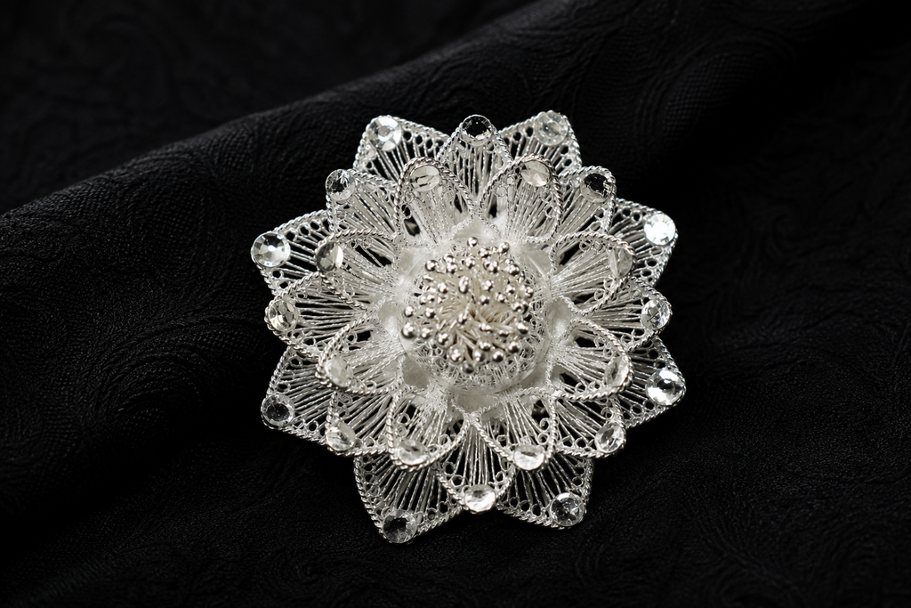 Radiant Lotus Filigree Silver Brooch