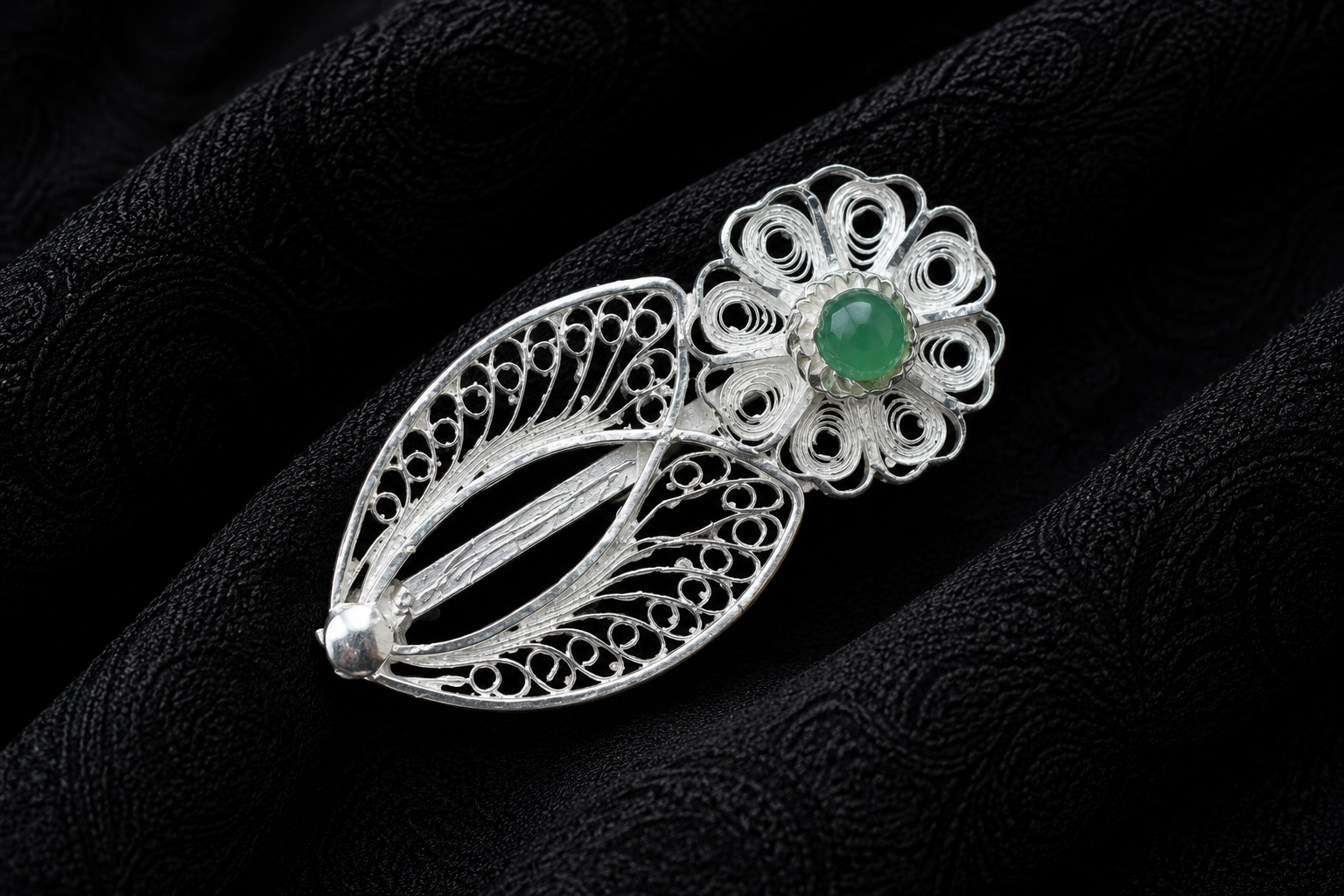 Emerald Blossom Filigree Silver Brooch