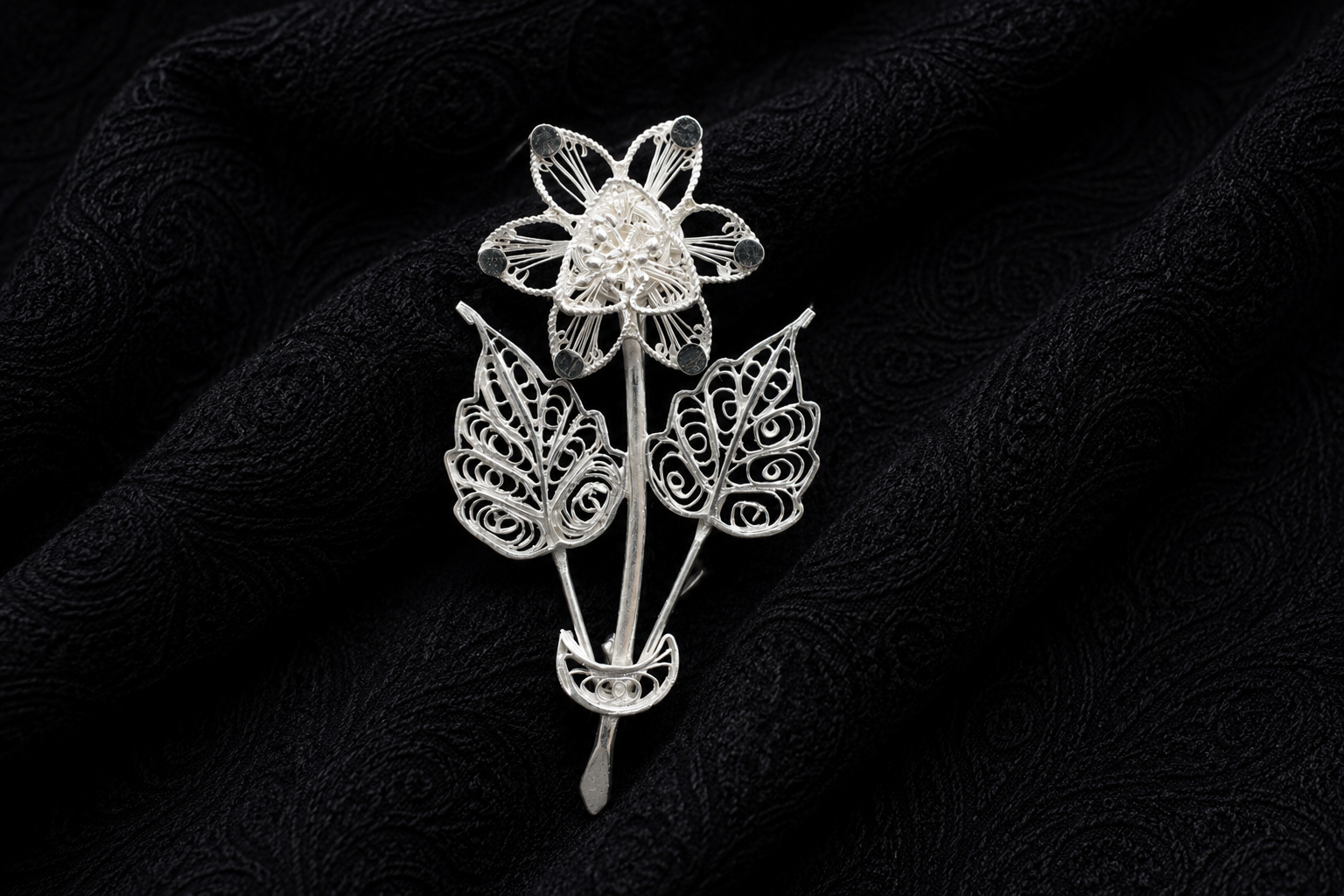 Silver Lotus Bloom Filigree Brooch