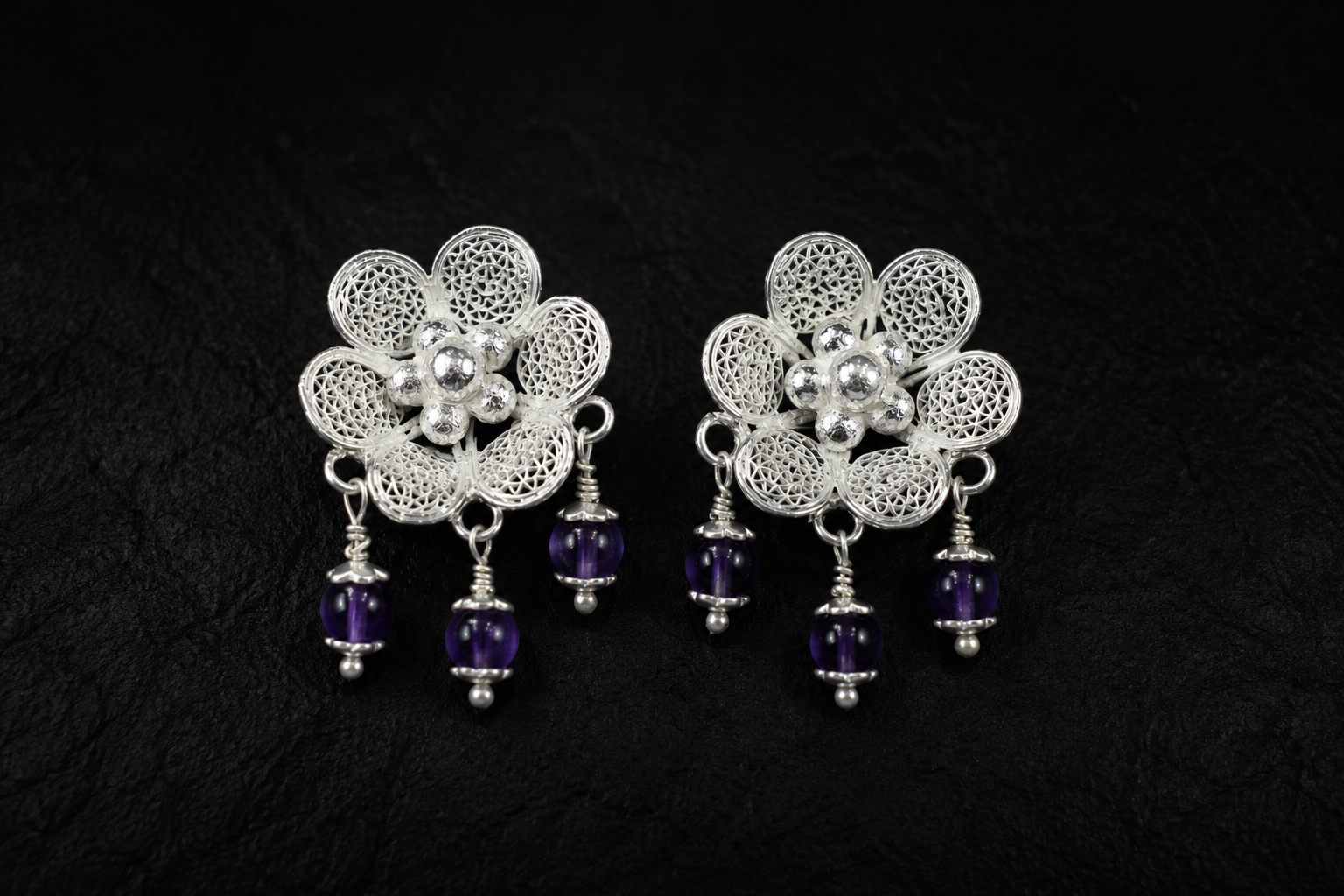 925 Sterling Silver Filigree Floral Stud Earrings with Amethyst Bead Drops